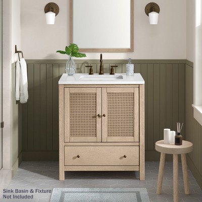Natural Rubber Wood Freestanding Bathroom Vanity with Rattan Doors