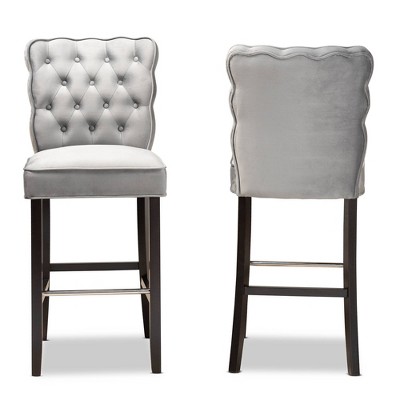 Adjustable Gray Velvet and Wood Bar Stool Set