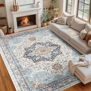 Boho Area Rug - Washable Low Pile Vintage Floral Rug with Non-Slip Backing for Living Room, Bedroom Dining Room - 1 of 4
