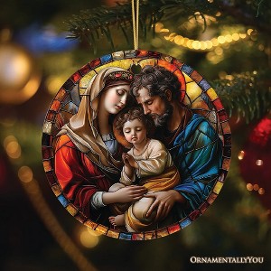 The Holy Embrace Stained Glass Themed Ceramic Ornament, Birth of Jesus Nativity Scene with Joseph and Mary|| OrnamentallyYou - 1 of 4