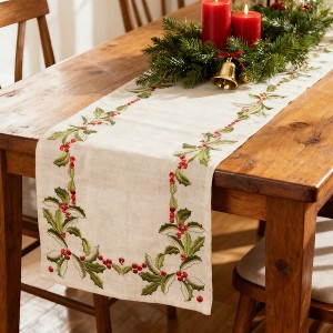 Christmas Table Runner with Emroidered Holly for Christmas Decor & Modern Farmhouse Decor - 1 of 3