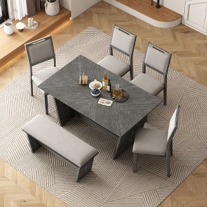 CAVINAS Dining Table Set for 6 Retro Table Set with Stable Trapezoidal Table Base 4 Chairs and Bench for Kitchen - 1 of 4