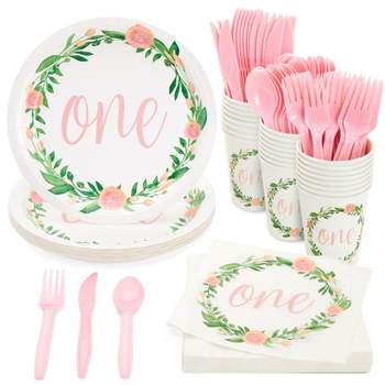Juvale 144 Piece Baby Girl 1st Birthday Party Decorations, Floral One First Birthday Plates, Napkins, Cups, Pink Cutlery, Serves 24