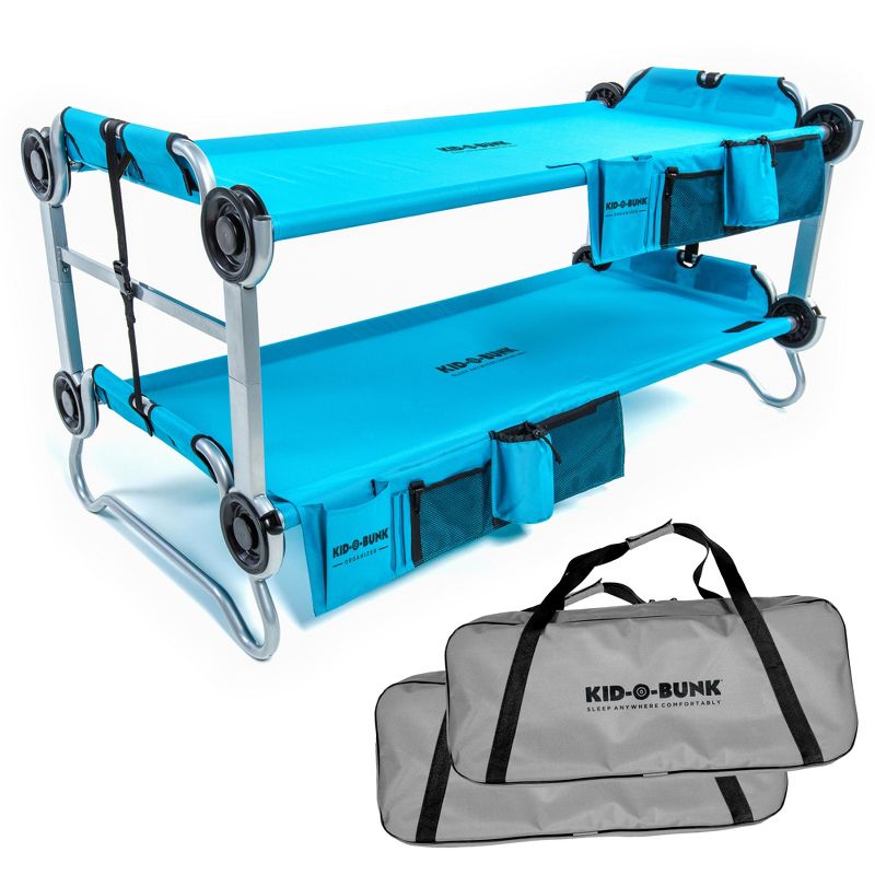 Disc-O-Bed Youth Kid-O-Bunk Portable Mobile Benchable Camping Double Cot Bed with Side Organizers and Rounded Steel Frame, Teal Blue, 1 of 7