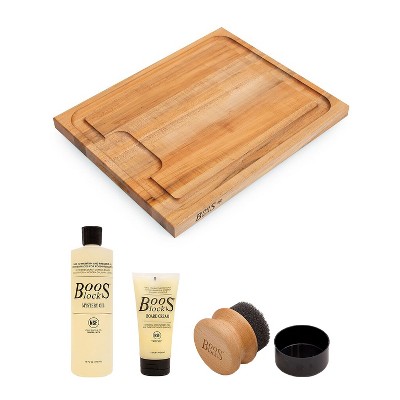 John Boos Maple Wood 21 Inch Reversible Carving Cutting Board with Au Jus/Juice Edge Groove and 3 Piece Wood Cutting Board Care and Maintenance Set