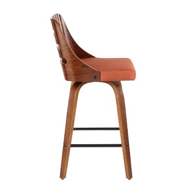 Set of 2 Orange Upholstered Walnut Wood Swivel Counter Stools