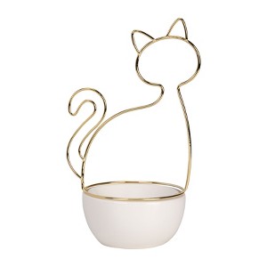 Sagebrook Home 10" Ceramic Cat Trinket Tray in White and Gold - Cat Shaped Jewelry Holder - Great Gift for Cat Lovers - 1 of 4