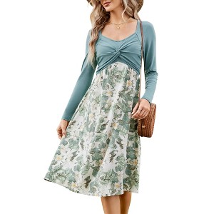 Women's Maternity Dress Long Sleeve Vintage Floral Patchwork Dress Flared A-Line Swing Casual Party Midi Dress - 1 of 4