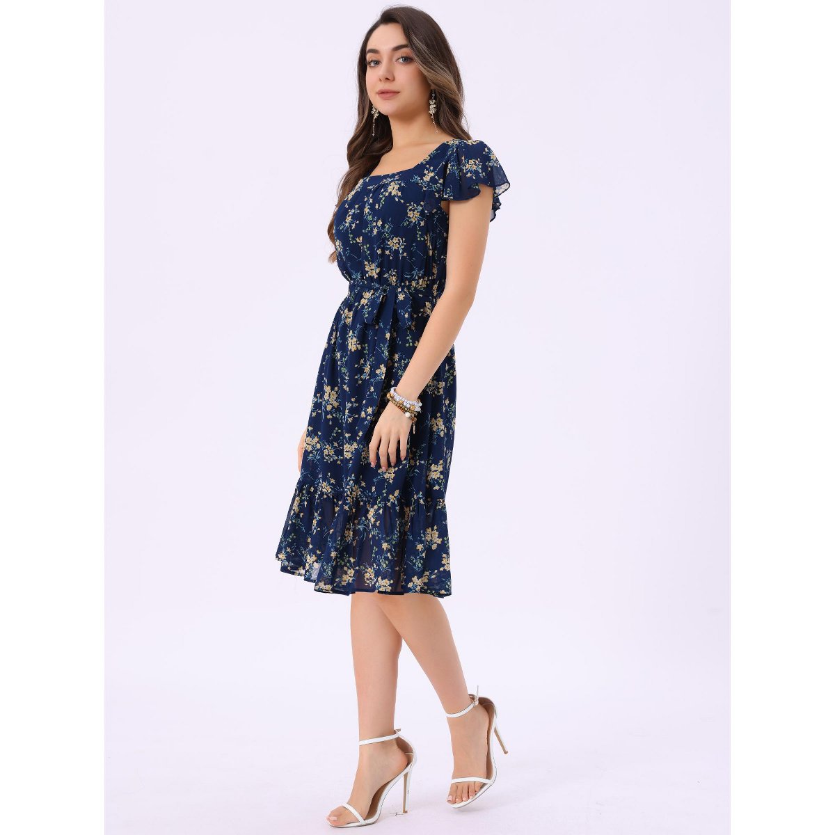 Женские платья INSPIRE CHIC Women's Floral Chiffon Flutter Sleeve Belted Square Neck Ruffled Hem Dress Blue Large — фото 2