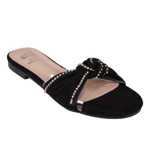 Gc Shoes Rihanna Black 7 Knotted Embellished Lucite Slide Flat Sandals ...