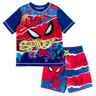 Marvel Spider-Man Little Boys UPF 50+ Rash Guard and Swim Trunks Outfit Set Red / Navy 5-6