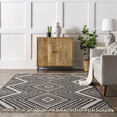 Luxurious Gray Cotton Geometric Tassel Area Rug 5' x 8'