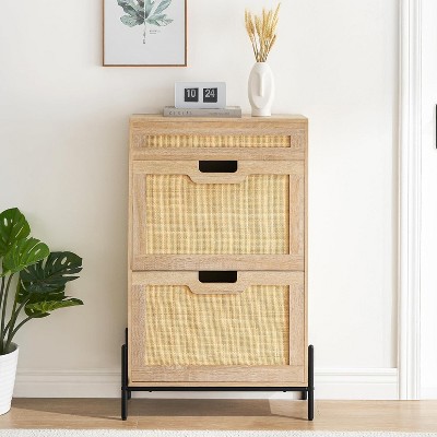 2-Tier Flip Drawer Shoe Storage Cabinet with Adjustable Shelf and Pull-Out Drawer,Freestanding Rattan Shoe Organizer for Entryway,Hallway,Living Room