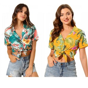 Allegra K Women's Hawaiian Floral Leaves Printed Short Sleeve Button Down Vintage Shirt 2 Pcs - 1 of 4