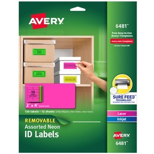 Avery Removable Multipurpose Labels, Sure Feed Technology, Assorted Neon, 2 x 4, 120 Labels (6481) - 1 of 4