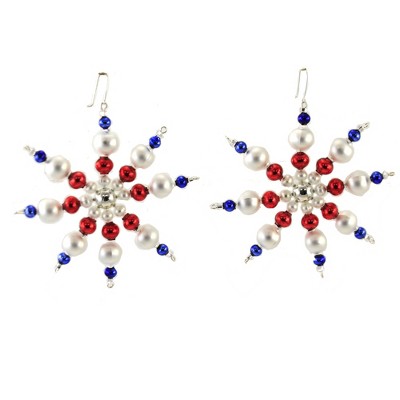 Holiday Ornament 4.0" Red White Blue Starburst Set/2 Patriotic Czech Beaded Artisan  -  Tree Ornaments