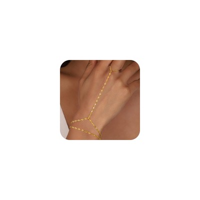 Turandoss 2PCS Gold Hand Chain Bracelet for Women - Dainty 18K Gold Layered Link Chains, Finger Ring Hand bracelets Stack, Christmas Gifts, 6+2In