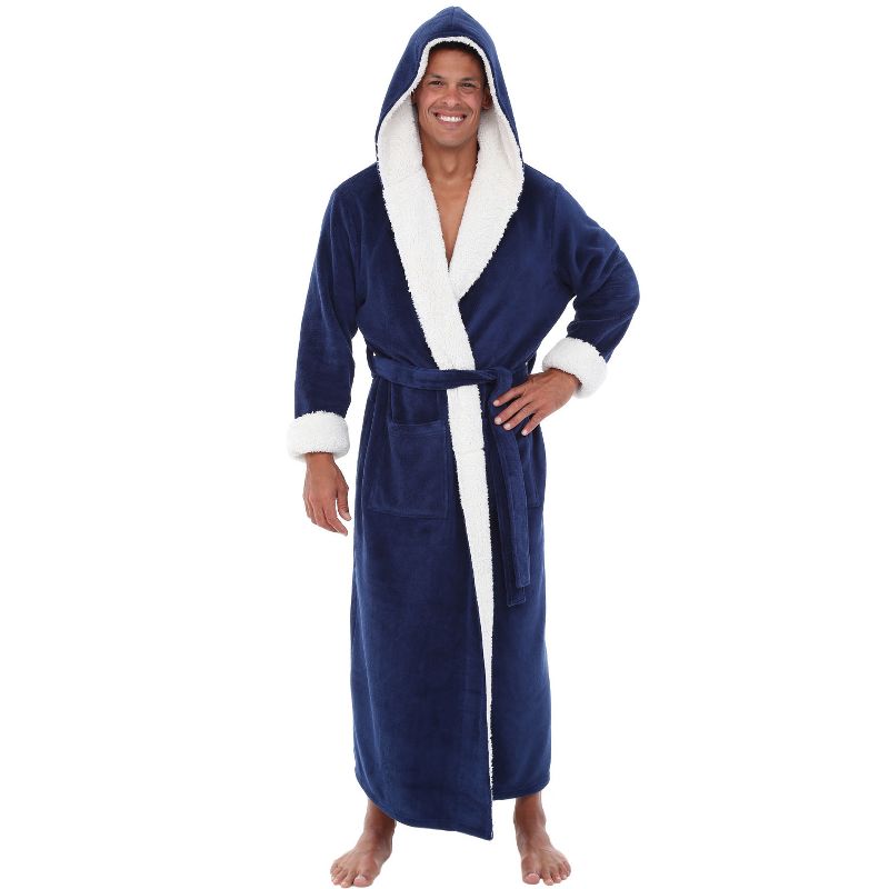 Men's Warm Winter Plush Hooded Bathrobe, Full Length Fleece Robe with Hood, 1 of 7