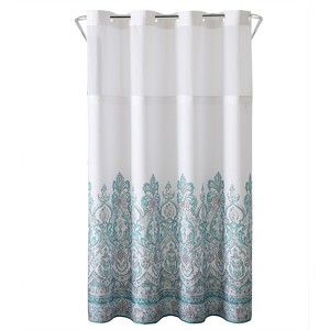 Damask Border Shower Curtain with Liner Teal - Hookless, Blue