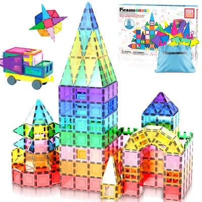 PICASSO-TILES 101 pc Magnetic Tiles, STEM Building Blocks Set with Carry Bag, Educational Toy for Kids