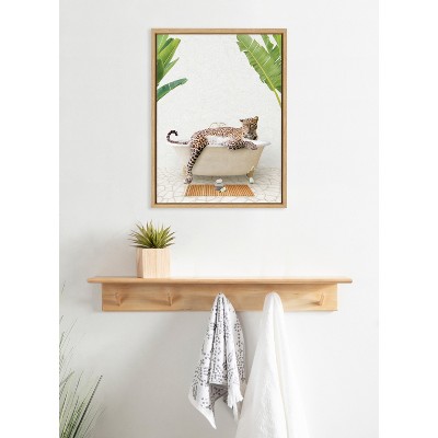 Natural Framed Leopard in Bath Canvas Wall Art, 18x24