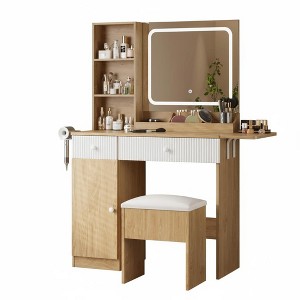 GustoWave Vanity Desk with Mirror, Foldable Panel, Storage Chair, Drawer & Shelves, Compact Dressing Table Set for Bedroom, Natural Wood - 1 of 4
