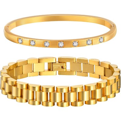 2pcs Gold Chain Link Bracelet, Stainless Steel Crystal Friendship Bracelets Bangle,Watch Band Chains Wristband