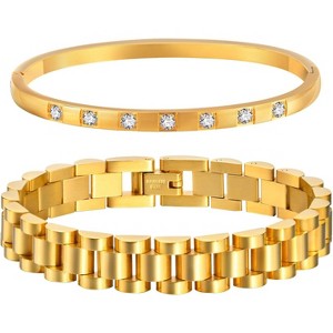 2pcs Gold Chain Link Bracelet, Stainless Steel Crystal Friendship Bracelets Bangle,Watch Band Chains Wristband - 1 of 4