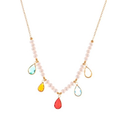 Anna-Kaci Pearl Beaded Necklace with Colorful Teardrop Crystal Charms - Gold