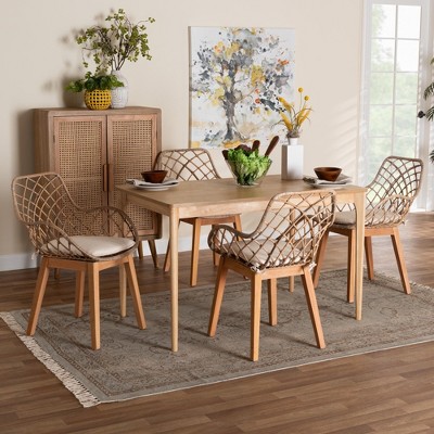 Baxton Studio Ballerina Modern Bohemian Greywashed Rattan and Natural Brown Finished Mahogany Wood 5-Piece Dining Set