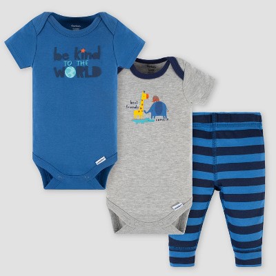 Image of Gerber Baby 3pc Animal World Top and Bottom Set - Blue/Gray Newborn