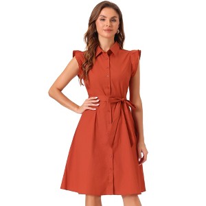 Allegra K Women's Cotton Ruffled Cap Sleeve Tie Waist Button Casual Office Shirt Dress - 1 of 4