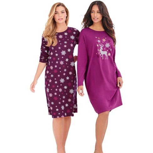 Dreams & Co. Women's Plus Size 2-pack Long-sleeve Sleepshirt, 5x/6x - Dark  Berry Snowflake : Target