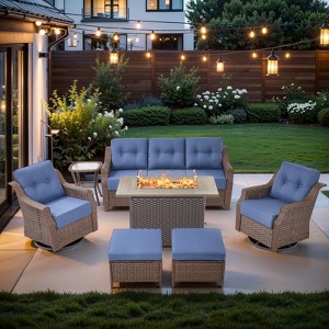 Buenhomino Patio Furniture Set 7 Piece Brown Wicker Outdoor Furniture Patio Sectional Sofa Couch PE Rattan Conversation Sets with Fire Pit Table - 1 of 4