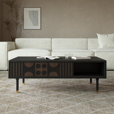 POVISON Mid-Century Modern Coffee Table, Minimalist Carved Semi-open Coffee Table with Storage, Birch Veneer, 47.24"