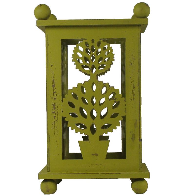 Melrose 12.5" Pistachio Green Distressed Double Ball Tree Cut-Out Pillar Candle Lantern, 1 of 2