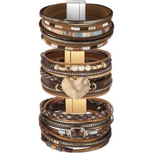 3-Pack Bohemian Faux Leather Multi-Layered Wrap Bracelets with Circle Design, Western Jewelry for Women & Men - 1 of 4