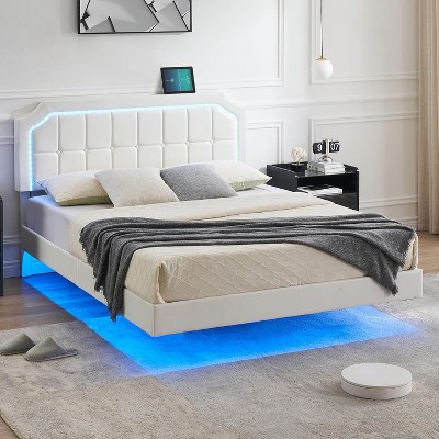 Homhougo Full Size Floating Bed Frame with Led Lights, Strong Support Full Size Metal Platform Bed Frame, No Box Spring Needed, Easy to Assemble