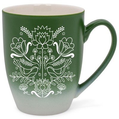 Elanze Designs Damask Threaded Floral Birds Two Toned Ombre Matte Green and White 12 ounce Ceramic Stoneware Coffee Cup Mug