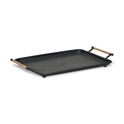 Cheung's Syla Black Metal Tray with Wicker Wrapped Handles