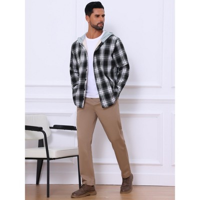 INSPIRE CHIC Men's Fleece Lining Drawstring Hooded Plaid Shirt Jacket Large Black White — фото 2