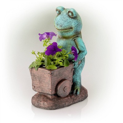 Alpine 15" Magnesium Oxide Frog Pushing Wagon Statue Planter