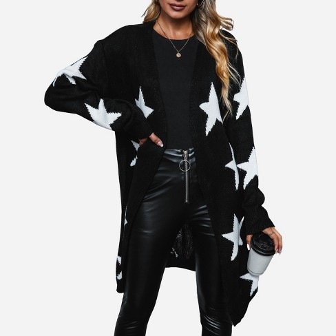 Women's Star Print Longline Cardigan - Cupshe-s-black : Target