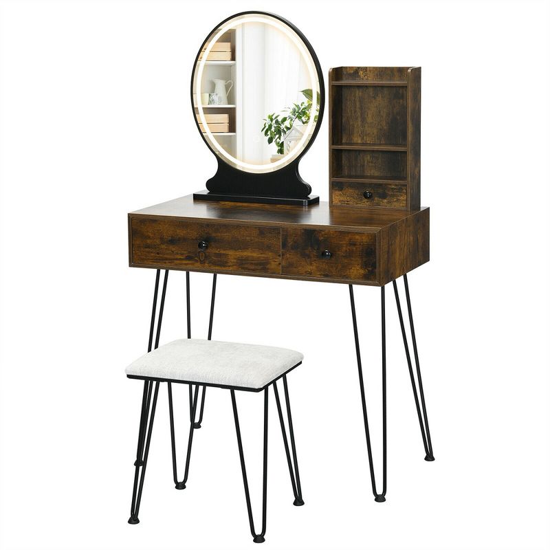 Costway Vanity Table Set Lighted Mirror Storage Drawer Shelf Cushion Stool, 1 of 10