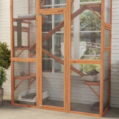 Large Wooden Outdoor Cat Enclosure with Ramps and Platforms