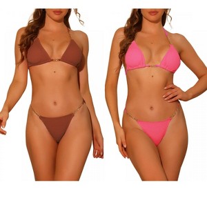 Elerevyo Women's Chain Halter Ribbed Lace Up Tie Back Triangle Bottoms Swimwear Bathing Suits 2 Sets - 1 of 4