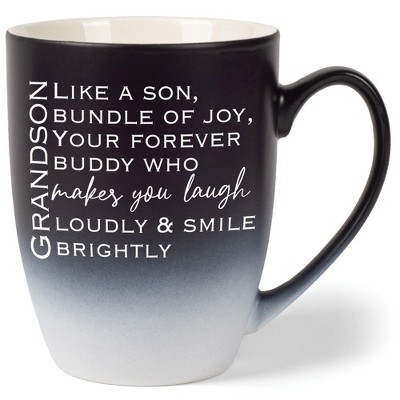 Grandson: Like A Son, Bundle Of Joy, Your Forever Buddy Two Toned Matte Black White 12 ounce Ceramic Stoneware Coffee Cup Mug