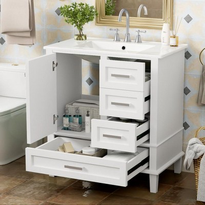 ALEXOUN 30" Solid Wood Freestanding Bathroom Vanity with Sink,Bathroom Storage Cabinet with Tip-Out Drawer & 3 Drawers and 1 Soft Closing Door