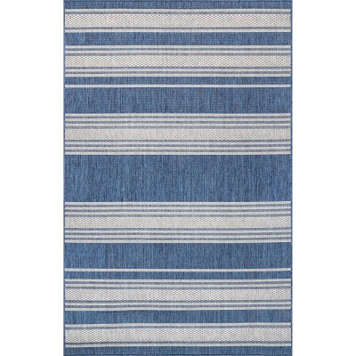 Blue and White Striped Synthetic Indoor/Outdoor Rug