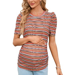 Clearlove Maternity Casual Shirts Women's Puff Short Sleeve T-Shirt Pregnancy Striped Ruched Side Tunic Top - 1 of 4